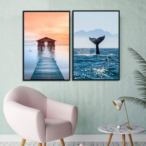Home Decor Nordic Style Canvas Modern Whale Sea View Painting Pictures Wall Art Prints Watercolor Modular For Living Room Poster