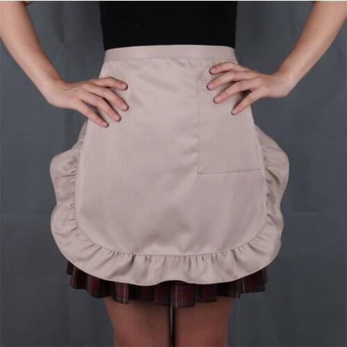 Waterproof Half Short Waist Apron Women Cute Frilly Pockets Chef Cafe Server Waiter Solid Color Cleaning Apron