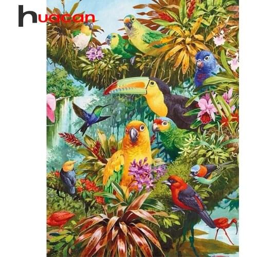 Huacan Diamond Painting Parrot Animals Full Drill Diamond Embroidery Mosaic Forest Wall Art Decoration For Home