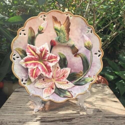 HUMMINGBIRD LILY FLOWERS DECORATIVE WALL DISHES PORCELAIN DECOR PLATES VINTAGE HOME DECOR CRAFTS ROOM DECORATION FIGURINE R2280