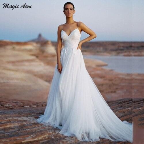 Magic Awn New Lace Tulle Wedding Dresses Boho Spaghetti Straps Appliques Backless Beach A-line Wedding Party Gowns Vestidos Boda