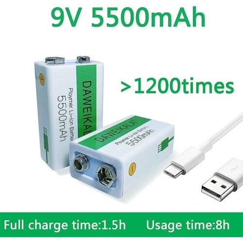 Usb Rechargeable 9v Lithium Battery 5500mAh Li-ion Batteries w/ Micro Cable for Multimeter Microphone Toy Remote Control KTV Use