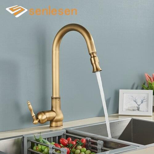 Senlesen Touch Kitchen Faucet Pull Out Antique Brass 360 ° Rotate Mixer Sink Water Tap Hot and Cold Water