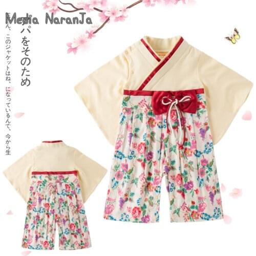 Infant Girls Spring Autumn Long-Sleeved Baby Jumpsuit Japanese-Style White floral Printed Pattern Bowknot Printed Kimono Romper