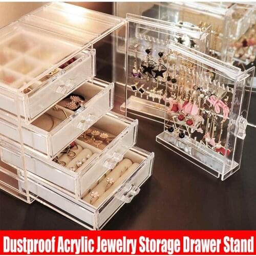 4 Layers Acrylic Jewelry Storage Box Drawer + 2 Earrings Display Stand Rack Necklace Bracelet Ring Organizer Case Dustproof