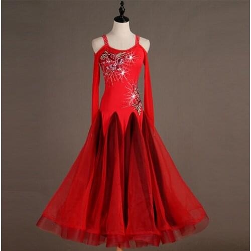 Modern Ballroom Dance Skirt Ladies Waltz/Tango Dance Red Long Sleeve Big Hem Dress Competition Performance Clothes DQL243