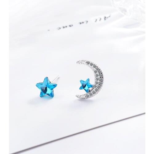 925 Sterling Silver Sweet Asymmetrical Blue Star Moon Stud Earrings For Women Zircon Crystal Earrings S-E134