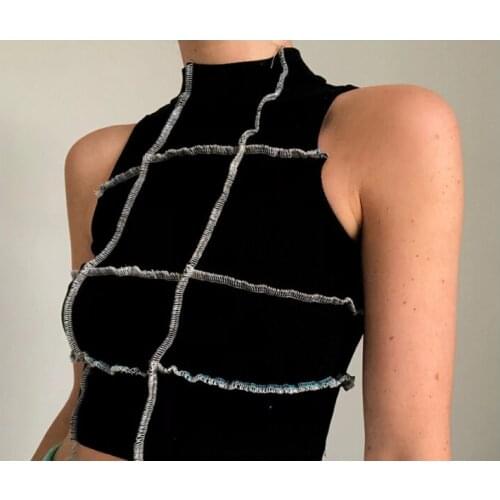 Autumn/winter women round neck sleeveless fashion print stitching slimming T-shirt