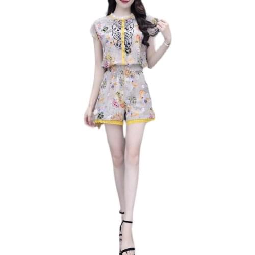 2021 New Summer Women Sets Vintage Court Style Embroidery Fashion Print Crop Top And Shorts Two Piece Set Short Suits