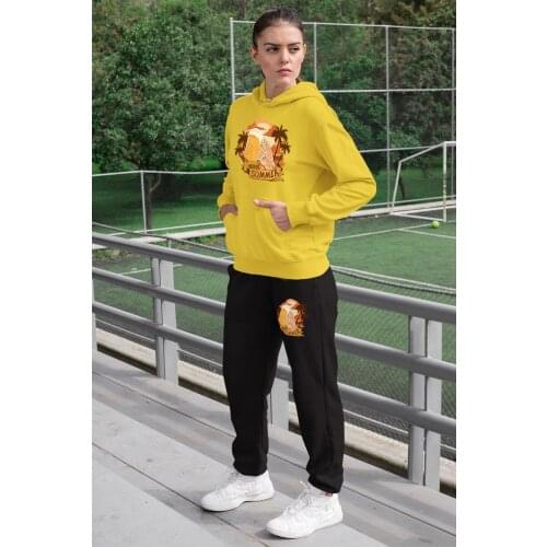 Angemiel Wear Holidaymaker Man Women Tracksuit Set Yellow Hooded Sweatshirt Black Sweatpants