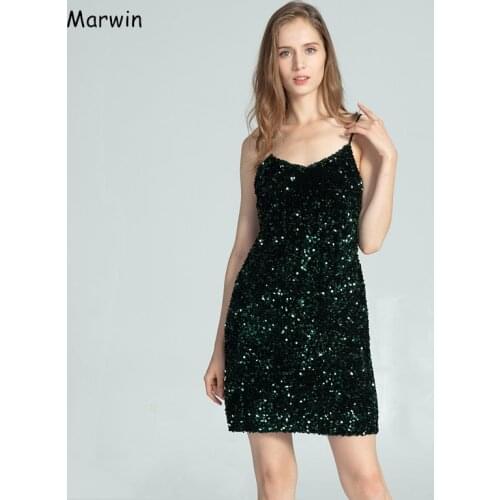 Marwin New-Coming Autumn Winter Sexy Club Sleeveless Women Spaghetti Strap Sequined Strapless Knee-Length Women Dresses