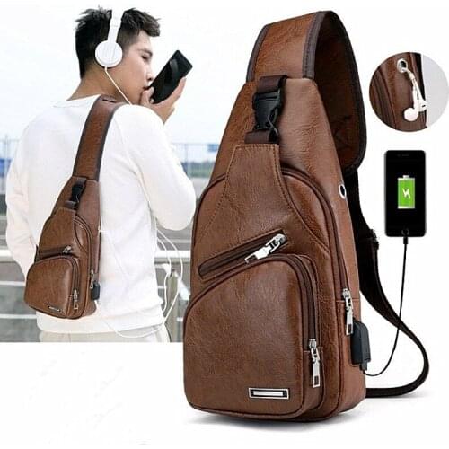 2020 Vintage Mens USB Charging Chest Bag PU Leather Shoulder Bag for Men Diagonal Messenger Travel Pack Casual Cross Body Bags