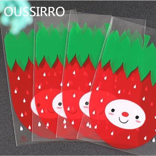 25pcs Red Strawberry Doll Cookies Packaging Bag Opp Plastic Self-adhesive Bread Biscuit Food Baking Gift Bags Party Candy Favor