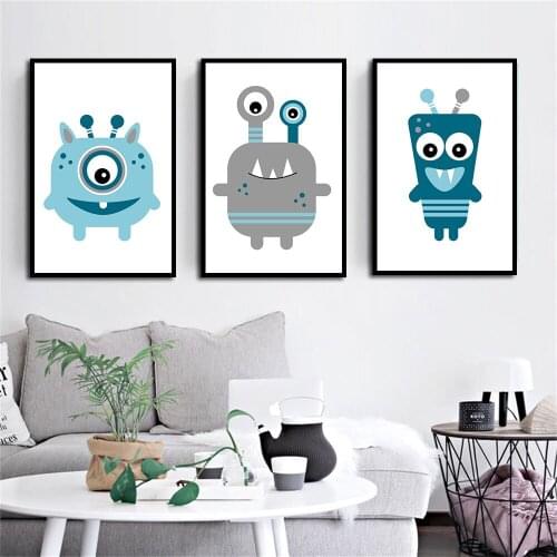 Abstract Monster Nursery Blue Gray Posters Prints Canvas Painting Vintage Modern Minimalist Pictures Wall Art Kids Room Decor