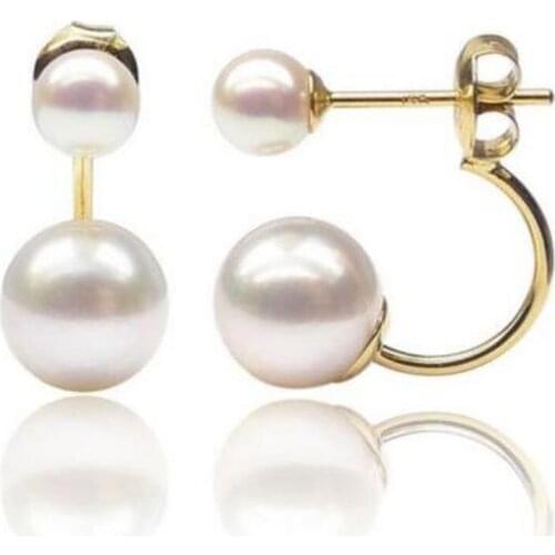 Free shipping 5-8.5MM White Real Akoya Double Pearl Ear 14 Solid Yellow Gold