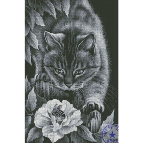 Free delivery top quality lovely counted cross stitch kit cat kitty with bee flower, black cat kitty