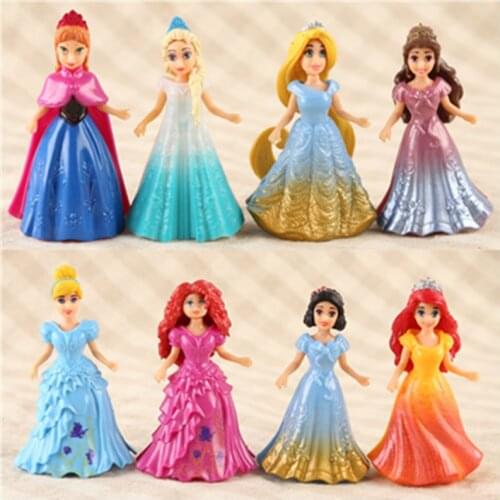 Disney 8pcs/set Magic Clip Dolls Dress Magiclip Princess Figurines Statue Snow White Elsa Anna PVC Action Figures Kids Best Toys