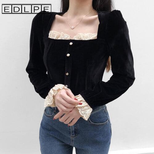 French Style Retro Velvet Lace Western Style Square Collar Bottomed T-shirtnew Fashion Cute Unif Y2k Steetwear Style Top
