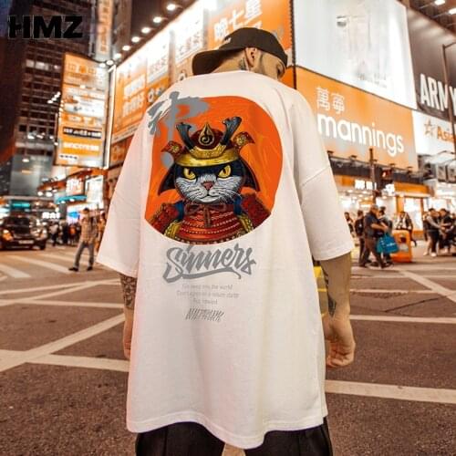 HMZ Hip Hop Tees Chinese Style T-Shirt Harajuku Short Sleeve Loose Men T Shirt Casual Summer Samurai Cat Oversized Male Clothes