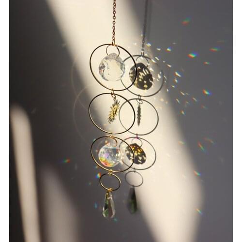 Crystal Wind Chime Pendant Metallic Hoop Moon Sun Hanging Drop crystal for Window Curtains Pendant Home Decor Gifts