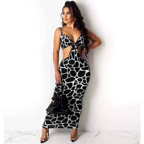Leopard Print Backless Sexy Long Party Dresses Women Spaghetti Strap Sleeveless Pencil Dress Elegant Cleavage Bodycon Vestidos