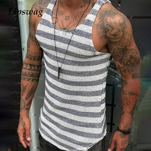 2021 Summer Sports Breathable Knitted Tank Tops Casual Mens Sleeveless Loose Vest Fashion Striped Printed Pullovers Streetwear
