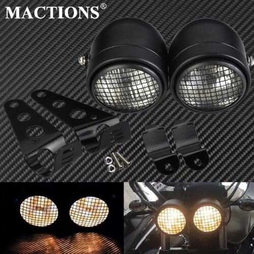 Motorcycle Dominator Grill Twins Front Dual Headlight Double Headlamp W/ Bracket For Harley Sofatil Fat Boy Cafe Racer Custom