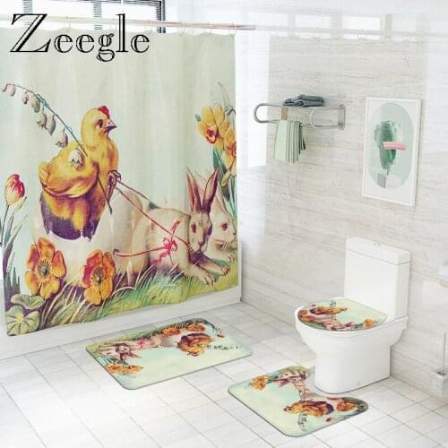 Cartoon Shower Curtain with Bath Mat Set Anti-slip Bathroom Carpet Rug Absorbent U-Shaped Toilet Rug and Foot Mat Set