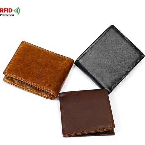 RFID Protection Mens Wallet Vintage Crazy Horse Genuine Leather Short Wallets Casual Purse Money Clip Photo Card Holder Retro