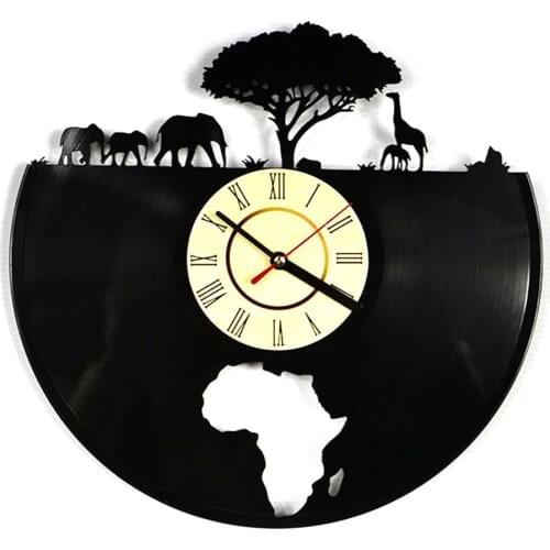 Vinyl Record 3D Wall Clock African Animal Retro Clock Night Light Clock with Remote Control Lamp Home Decoration Accessories