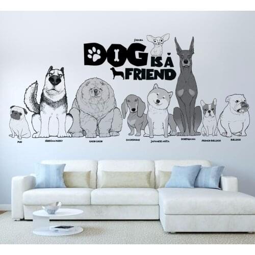 Dog is a friend pug chow chow jiwawa dogs wall sticker for pet shop kids room living room animals home decor decal mural art