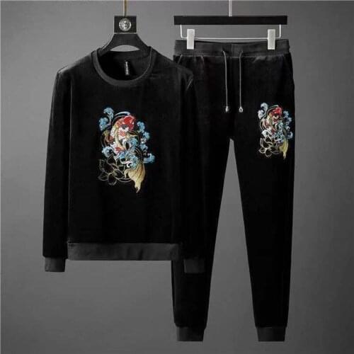 2021 new double-sided gold velvet sweater mens suit koi embroidery sports leisure plus velvet thick winter clothing set