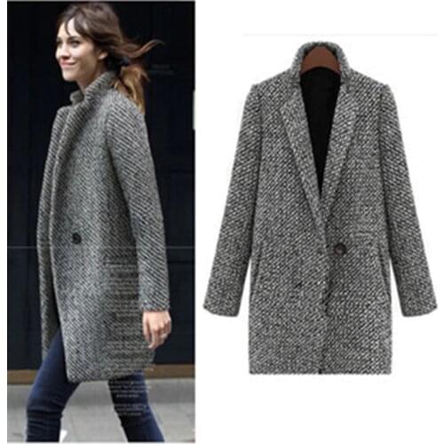 Autumn Winter Suit Women Coat Houndstooth Wool Blend Coat Single Button Pocket Oversize Long Trench Outerwear Female Wool Coat