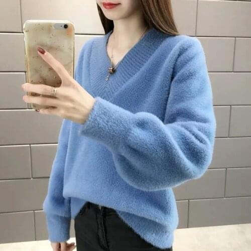 Autumn Winter V-Neck Mink Velvet Sweater Womens Pullover Korean Version Loose Outer Wear Thick Knitted Top Bottoming Shirt