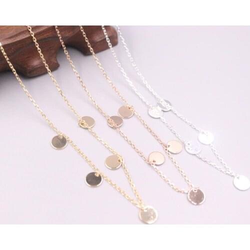 Pure 925 Sterling Silver Necklace Five Small Round Plate Pendant Overgild Rolo Link Chain 17.71"L For Woman