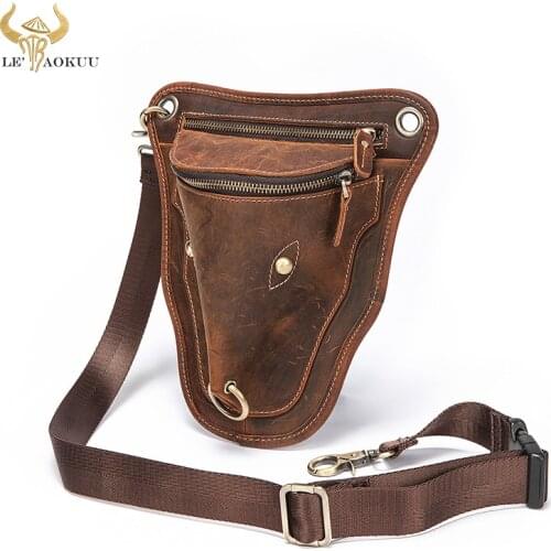 Original Leather men Brown Casual Fashion Small Shoulder Messenger Bag Designer Travel Belt Waist Pack Drop Leg Bag Male 833