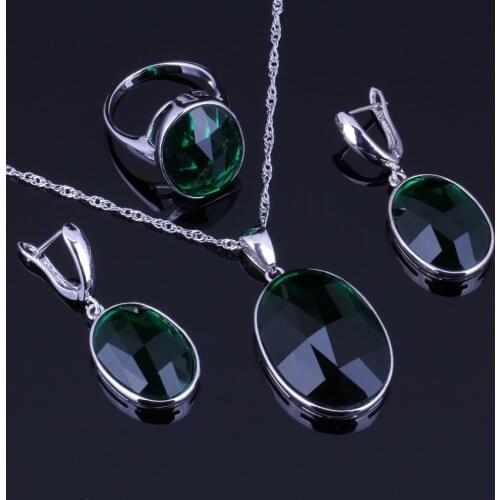 Unique Oval Green Cubic Zirconia Silver Plated Jewelry Sets Earrings Pendant Chain Ring V0010