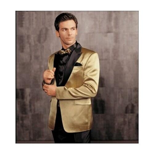 Top Quality Custom Made Golden Tuxedo Jacket Black Shawl Lapel Black Pants,Bespoke Groom Tuxedos, Wedding/Business Suits For Men