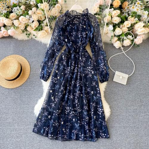 WEIHAOBANG New Spring Autumn Women Elegant Puff Sleeve Ruffles Hem Lace Up O Neck Print Dresses High Waist Blue Ladies Dresses