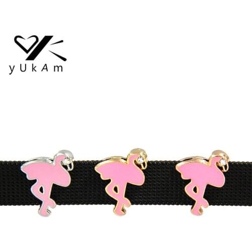 YUKAM Jewelry Enamel Birds Pink Flamingo Slide Charms Keeper for Leather Wrap Mesh Keepers Bracelets Handmade Accessories Making