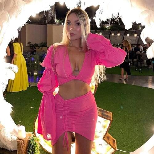 Storyever 2021 Fall Women Solid Color Fashion Flare Sleeve Sexy Low-Cut Bandage Short Navel Bare T-shirt