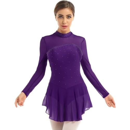 New Women Adult Figure Ice Skating Dress Shiny Rhinestones Long Sleeves Keyhole Back Roller Skating Leotard Ballet Dance Costume