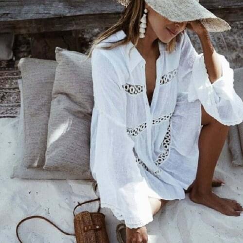 White Summer Women Beach Dress 2021 Long Sleeve Casual Shirt Dress Holiday Hollow Out Sexy Sundress Dresses Vestidos