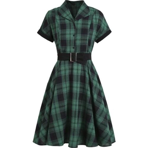 England 50s Style Vintage Green Plaid Pinup Swing Dresses for Women Button Up Short Sleeve Belted Elegant A Line Retro Dress