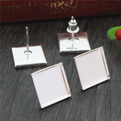 12mm 20pcs Silver Plated Square Earring Studs,Earrings Blank/Base,Fit 12mm Glass Cabochons,Buttons;Earring Bezels (L4-10)
