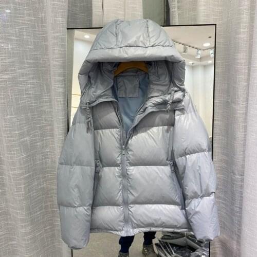 2020 double zipper decoration hooded thick short down jacket women loose and thin 90% white duck down pure color jacket