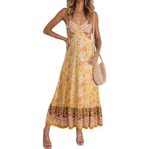 2021 Summer Womens Maxi Long Bohemian Spaghetti Strap Floral Dress Sleeveless Sexy Backless Beach Party Dress Beachwear Fashion