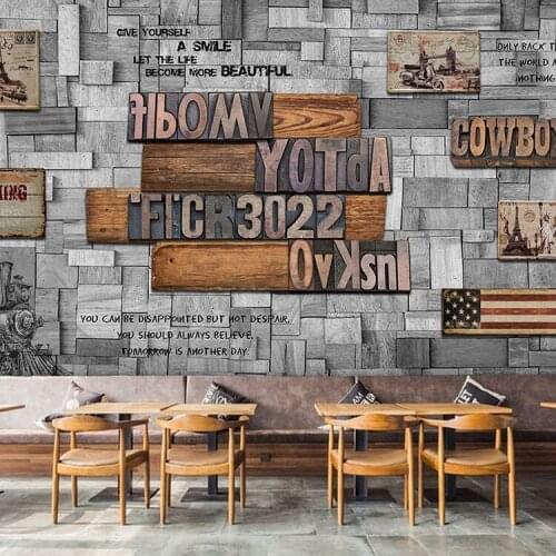 3d Papel Murals Wallpaper English Alphabets 3D Photo Mural Wall paper for Restaurant Cafe Bar 3d Wood panels Murals Wall Sticker