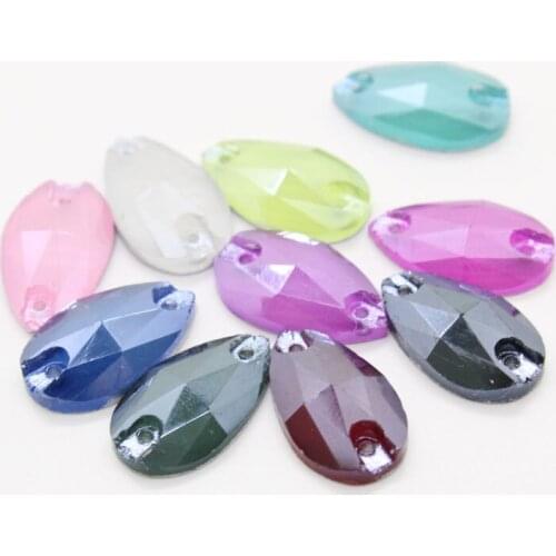 50pcs Mix Color Sew on Crystal 10.5x18mm Water Drop Light Coating Rhinestone Stones For DIY Wedding Dress Decoration