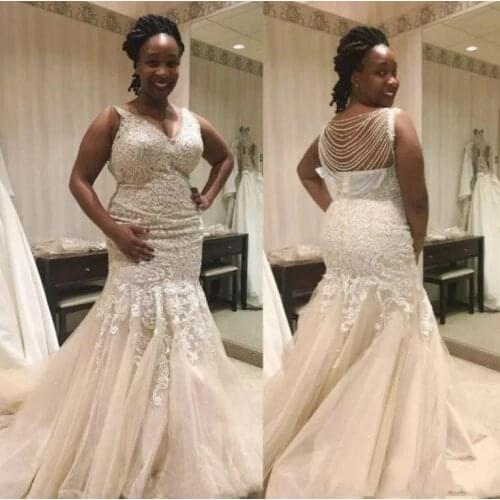African Mermaid Lace Wedding Dresses 2021 V Neck Appliques Plus Size Bridal Gowns Beading Chains Tulle Wedding Gown